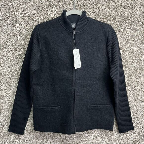 Eileen Fisher Jacket Women’s Small Black Boiled Wool with Ribbing Sleeves Full Z - Picture 1 of 10